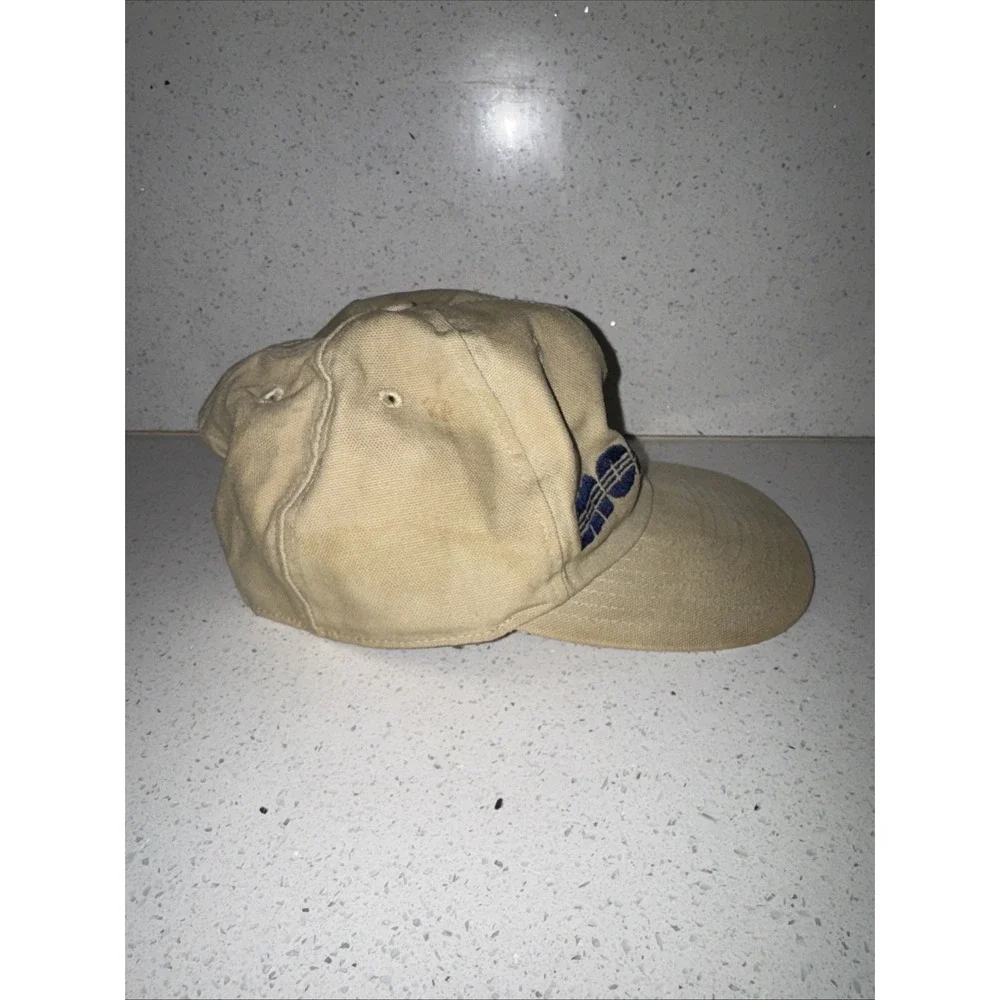 Vintage 90s Mossimo Embroidered Script Logo Canvas Baseball Cap Hat Beige Blue